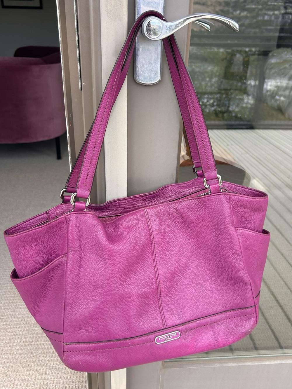 Purple plum pebbled leather Coach Park Carrie Tote